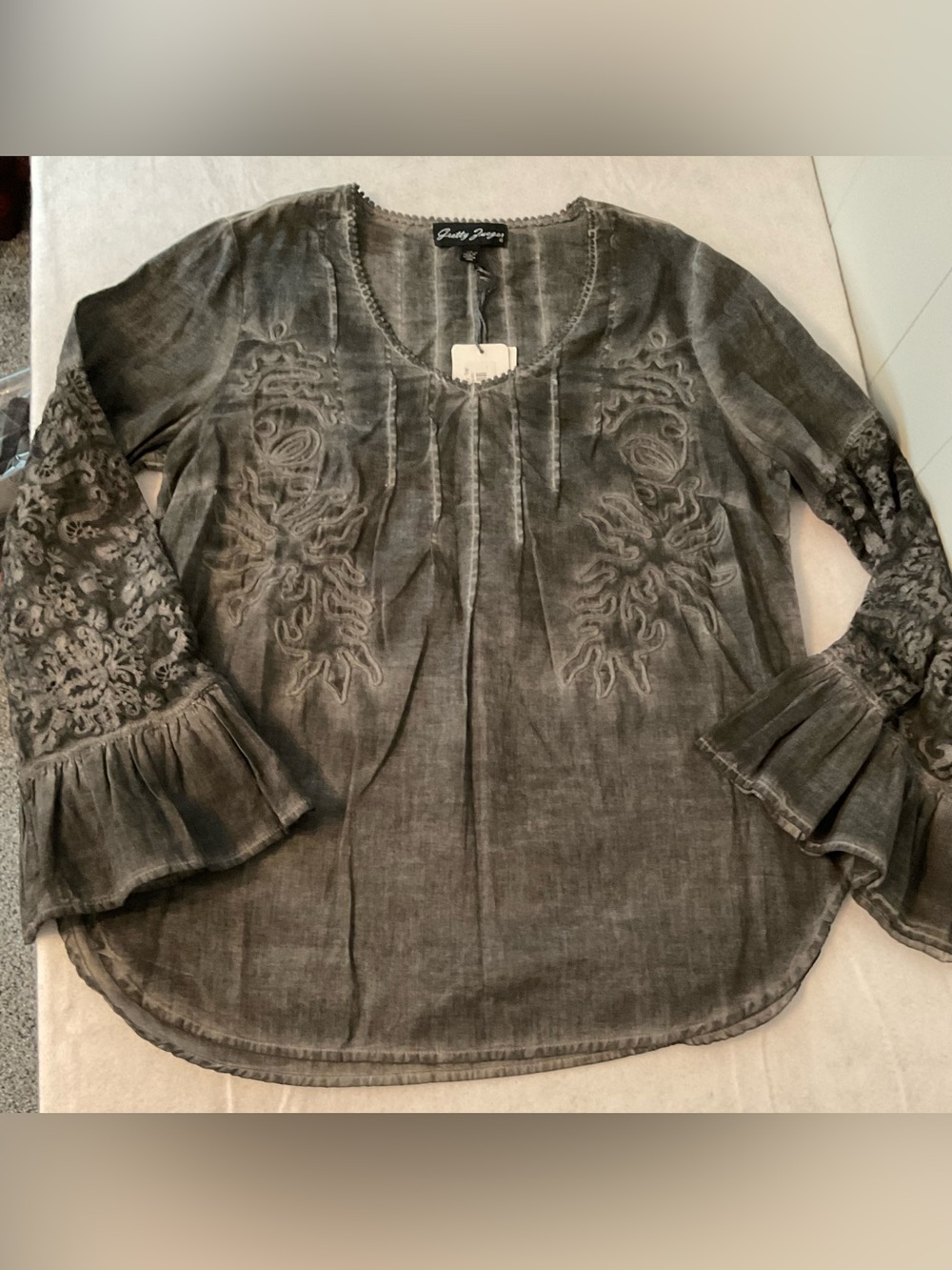 Gretty Zueger Smoky Black Embroidered Boho Tunic Top